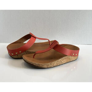 Fitflop Ibiza Sandals Women's 8 Orange Leather Cork Wedge Thong Studded Comfort